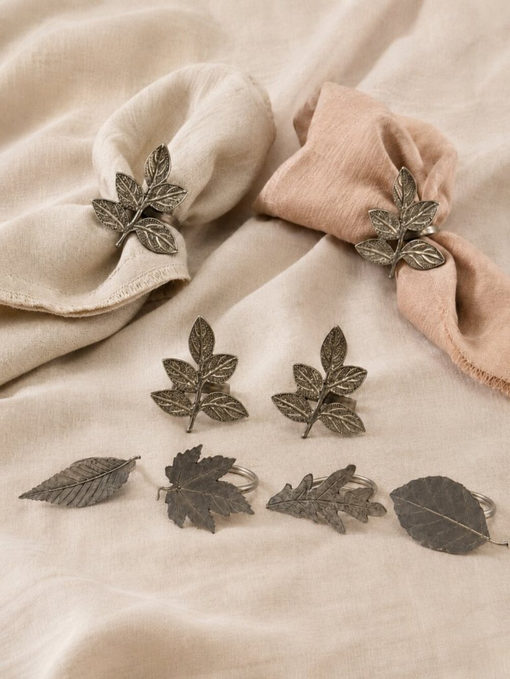 Set of 8 Silver Tone Botanical Leaf Napkin Rings